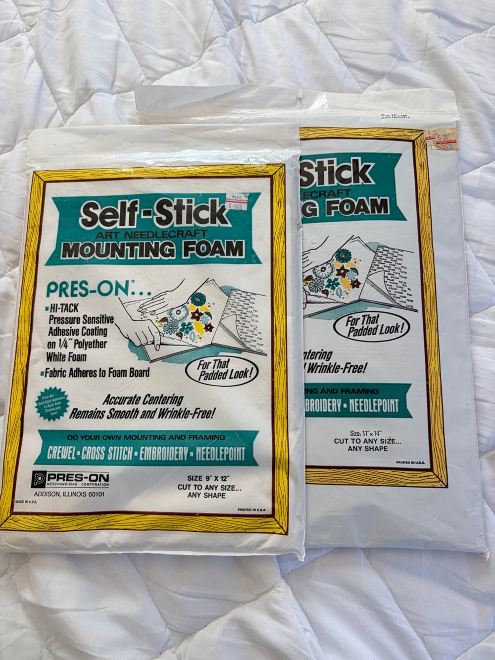 Vintage Pres-On Self-Stick Needlecraft Mounting Foam 9x12 & 11x14 NOS